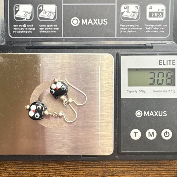 Silver Tone Black & White Enamel Kitty Cat Dangle Earrings Size 1.25" Length - Picture 8 of 9